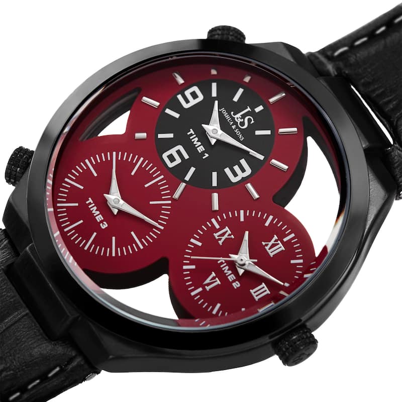 Joshua & Sons Men's Quartz Triple Time Zone Red Leather Strap Watch