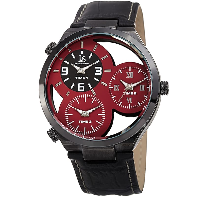 Joshua & Sons Men's Quartz Triple Time Zone Red Leather Strap Watch