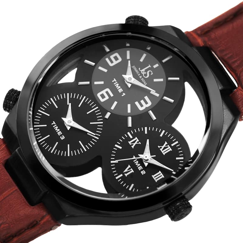 Joshua & Sons Men's Quartz Triple Time Zone Tan Leather Strap Watch