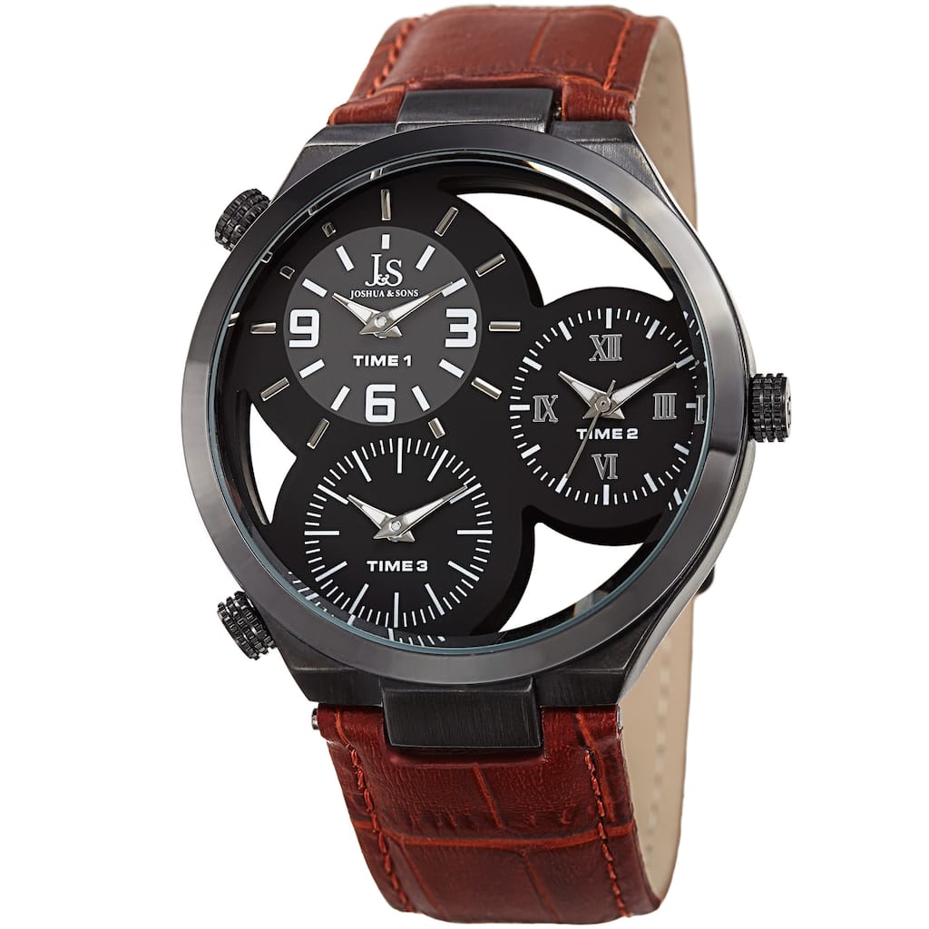 Joshua & Sons Men's Quartz Triple Time Zone Tan Leather Strap Watch
