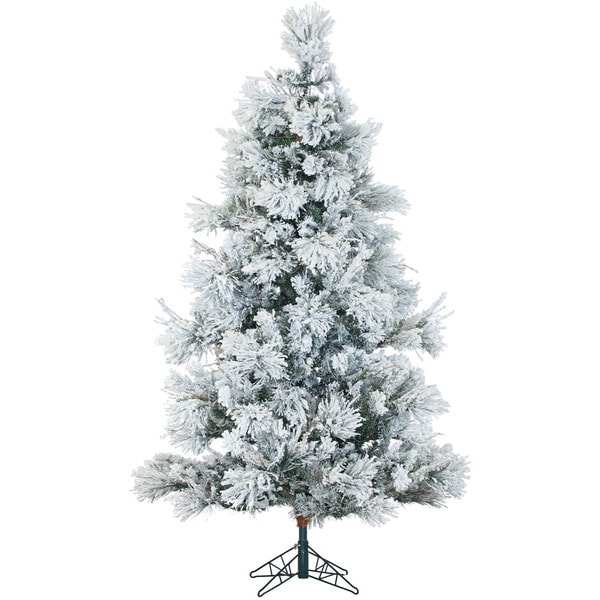 Fraser Hill Farm 12-Foot Flocked Snowy Pine Christmas Tree with Multicolor LED String Lighting ...