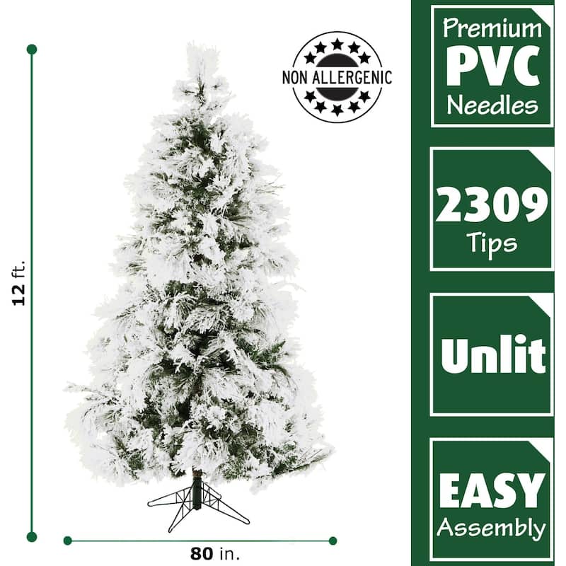 Fraser Hill Farm 12-foot Flocked Snowy Pine Christmas Tree