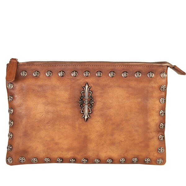 Diophy Vintage-dye Stud Genuine Leather Clutch
