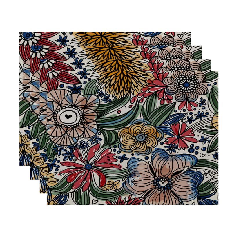 18x14-inch, Zentangle Floral, Floral Print Placemat (Set of 4) - Red