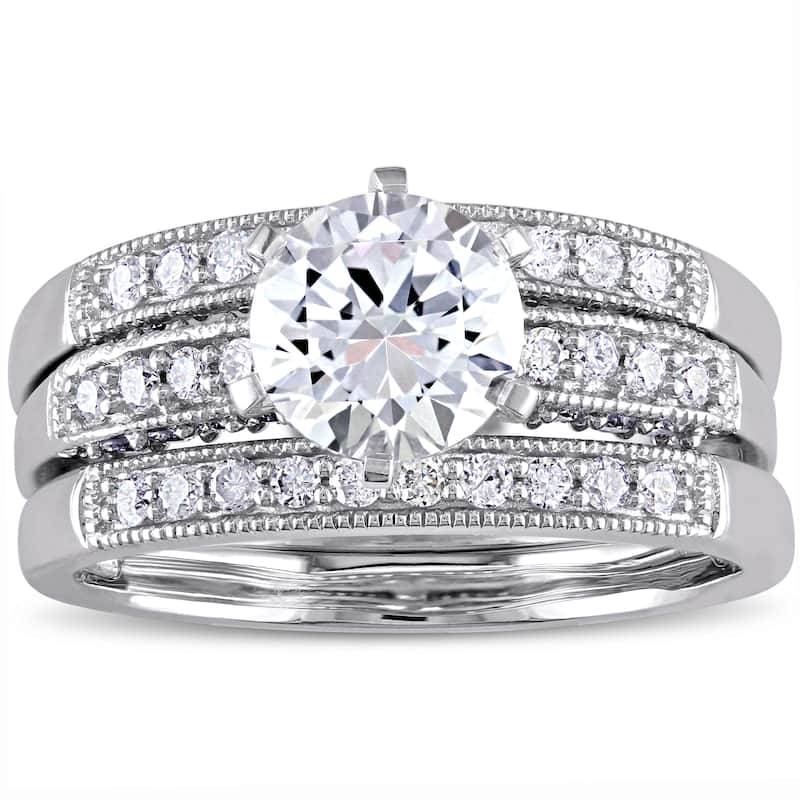 Miadora Signature Collection 10k White Gold Created White Sapphire and 2/5ct TDW Diamond Bridal Ring Set (G-H, I2-I3) - Size 4.5