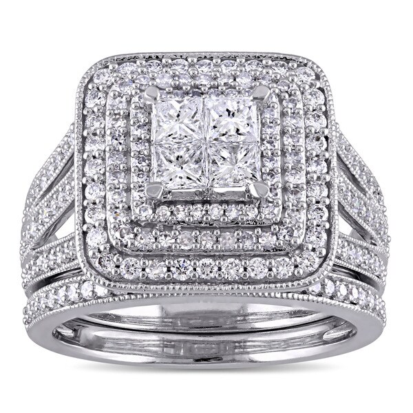 Miadora Signature Collection 14k White Gold 1 1/2ct TDW Princess and Round Diamond Cluster Double Halo Bridal Set (G-H, I1-I2)