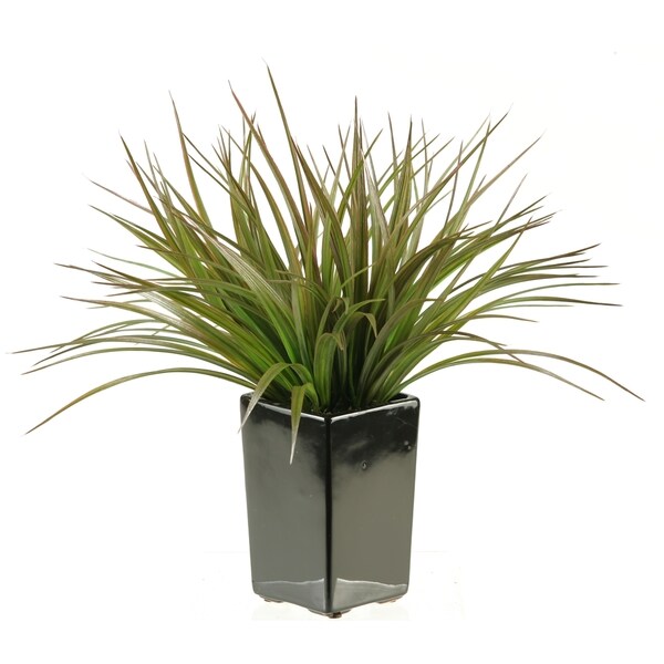 D&W Silks Square Black Ceramic Planter with Grass