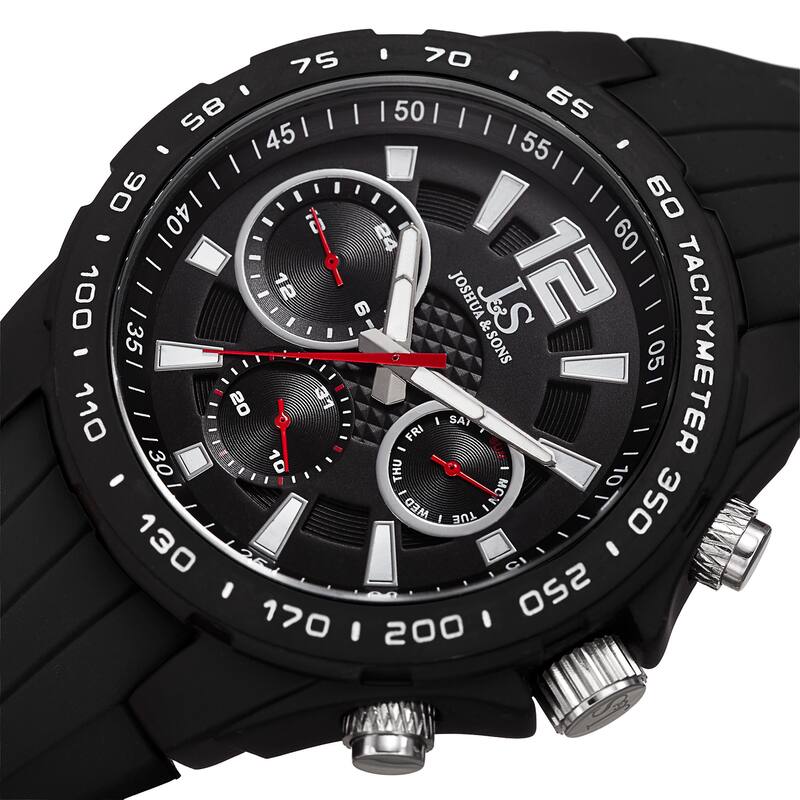 Joshua & Sone Men's Quartz Multifunction Tachymeter Black Strap Watch