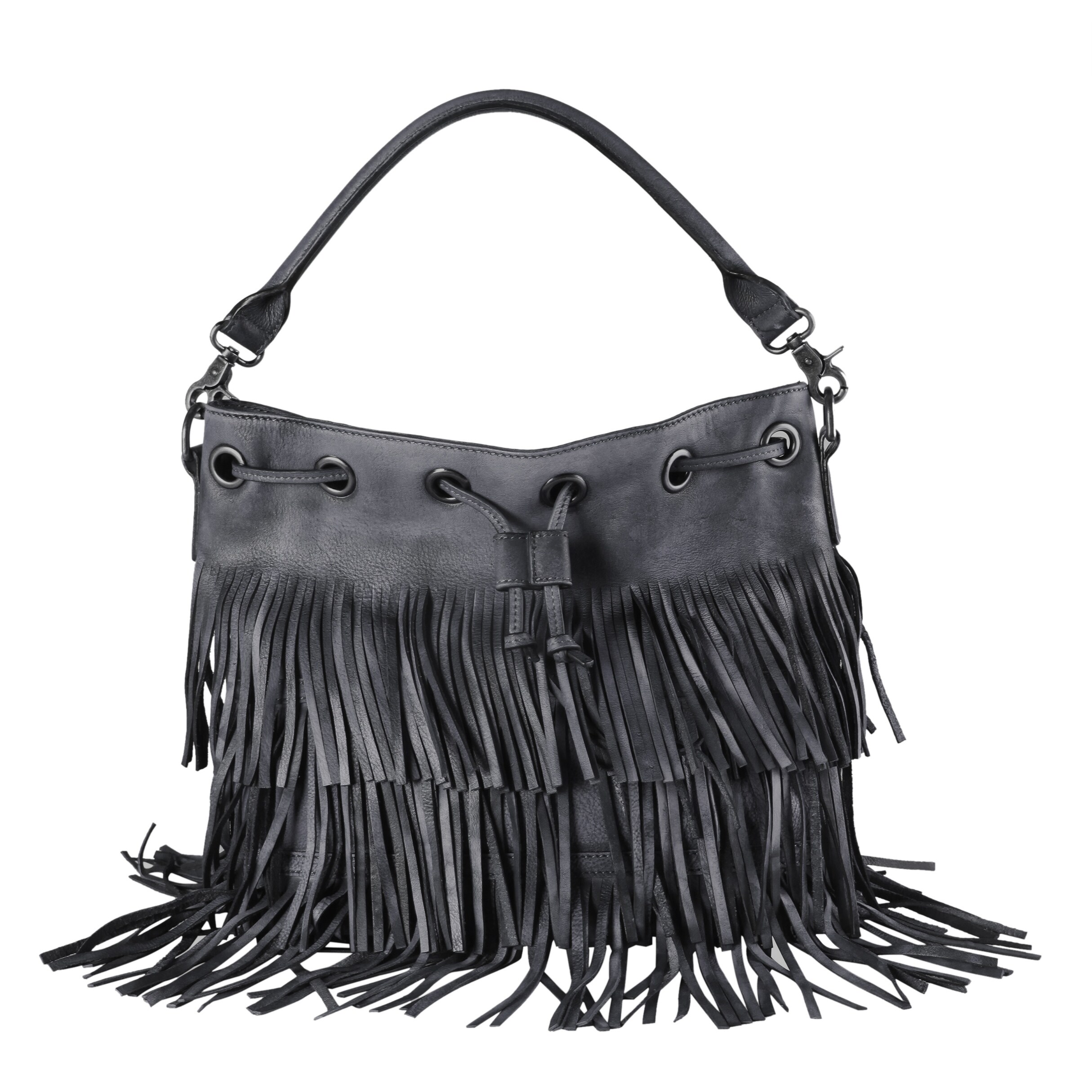 Shop Diophy Genuine Leather Fringe Style Drawstring Large Tote Bag On