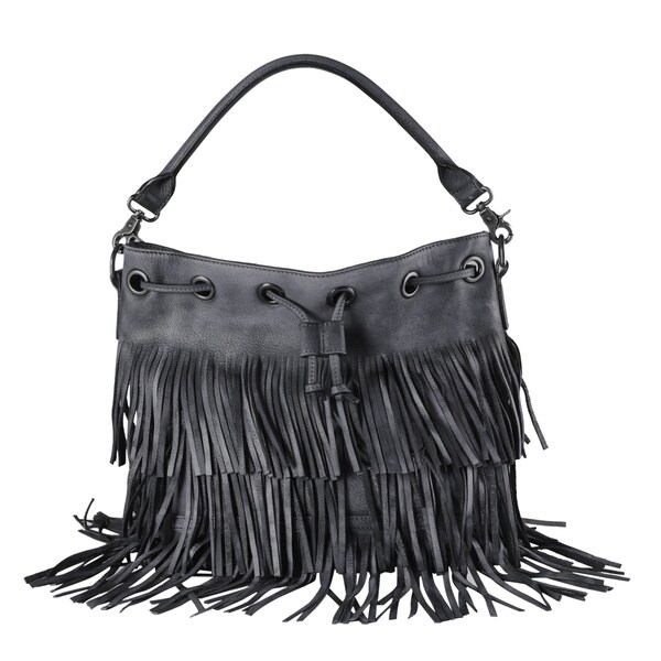 Diophy Genuine Leather Fringe Style Drawstring Large Tote Bag Diophy Genuine Leather Fringe Style Drawstring Large Tote Bag