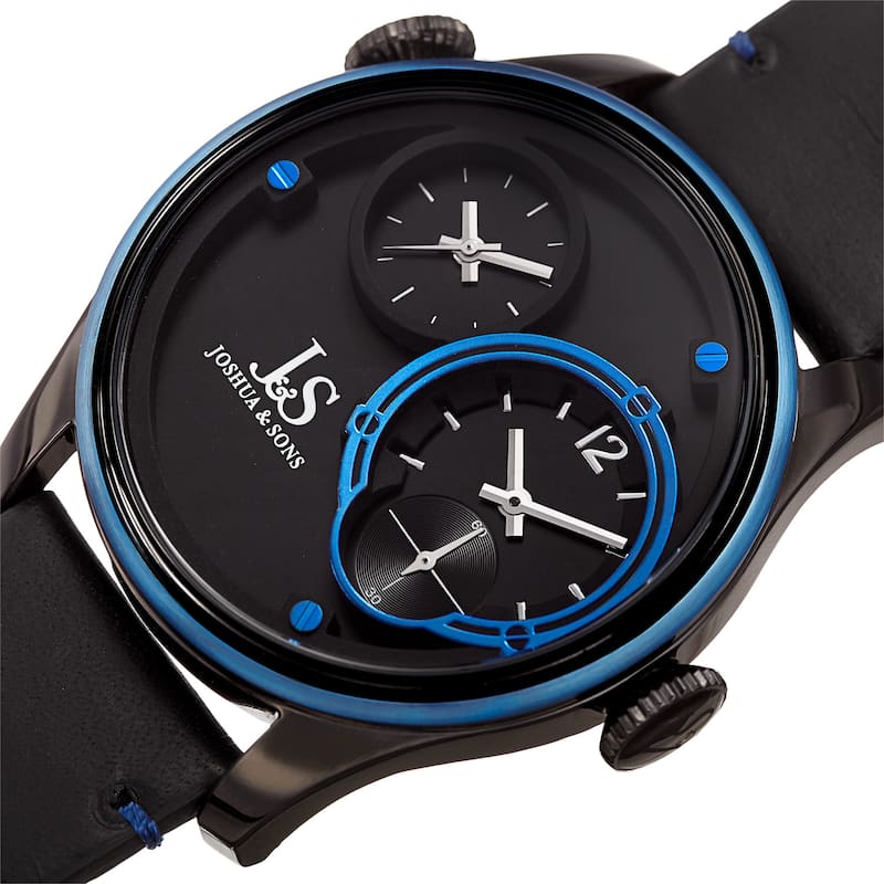 Joshua & Sons Men's Quartz Dual Time Stainless Steel Black Leather Strap Watch