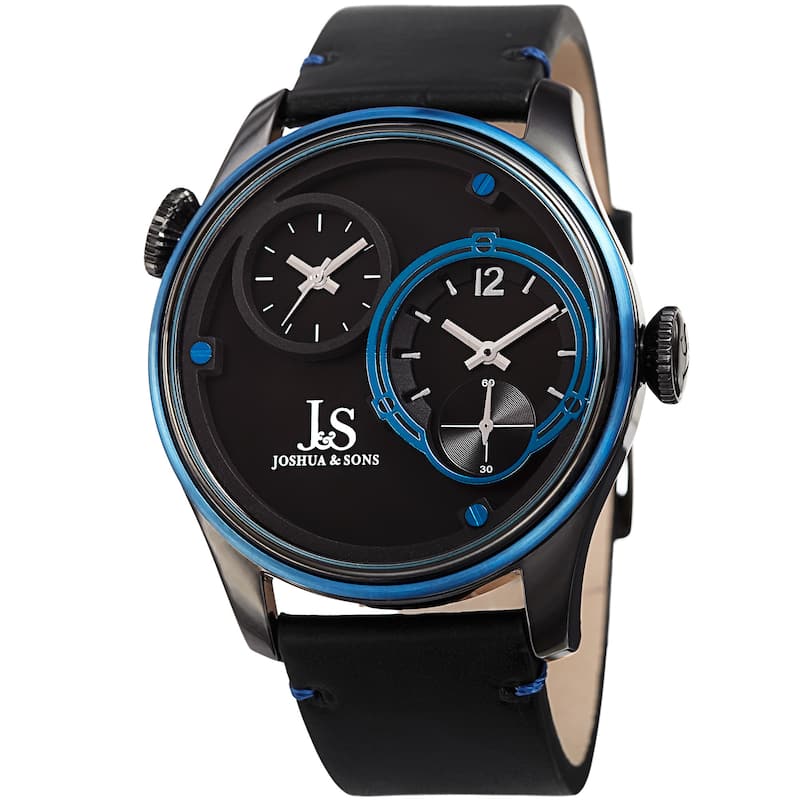 Joshua & Sons Men's Quartz Dual Time Stainless Steel Black Leather Strap Watch