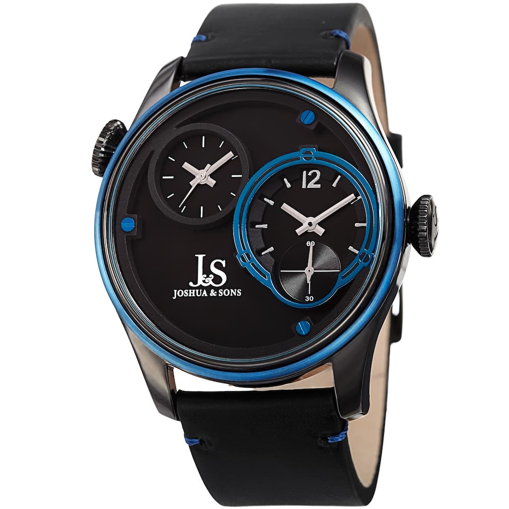 Joshua & Sons Men's Quartz Dual Time Stainless Steel Black Leather Strap Watch