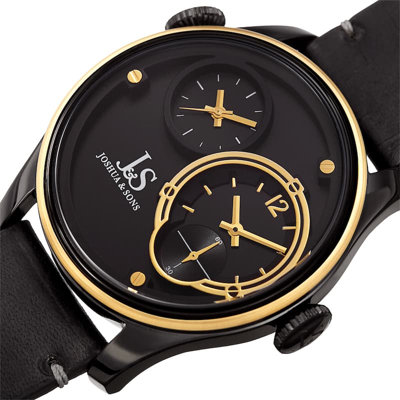 Joshua & Sons Men's Quartz Dual Time Stainless Steel Gold-Tone Leather Strap Watch