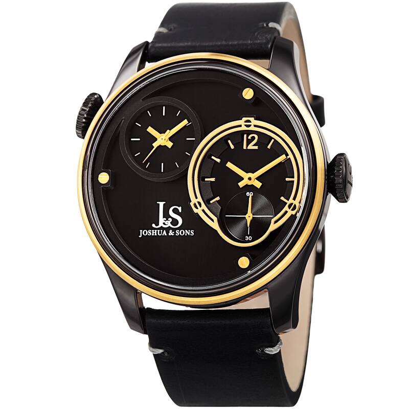 Joshua & Sons Men's Quartz Dual Time Stainless Steel Gold-Tone Leather Strap Watch