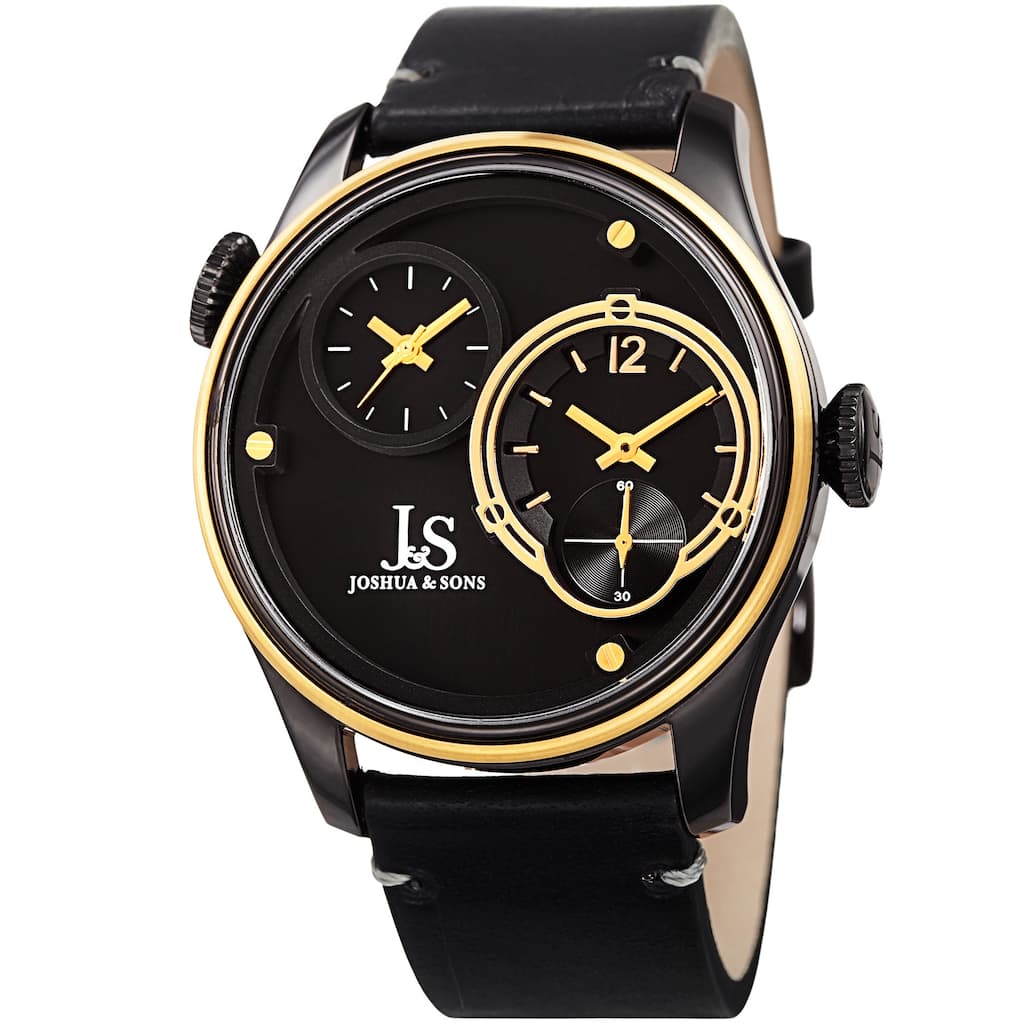 Joshua & Sons Men's Quartz Dual Time Stainless Steel Gold-Tone Leather Strap Watch