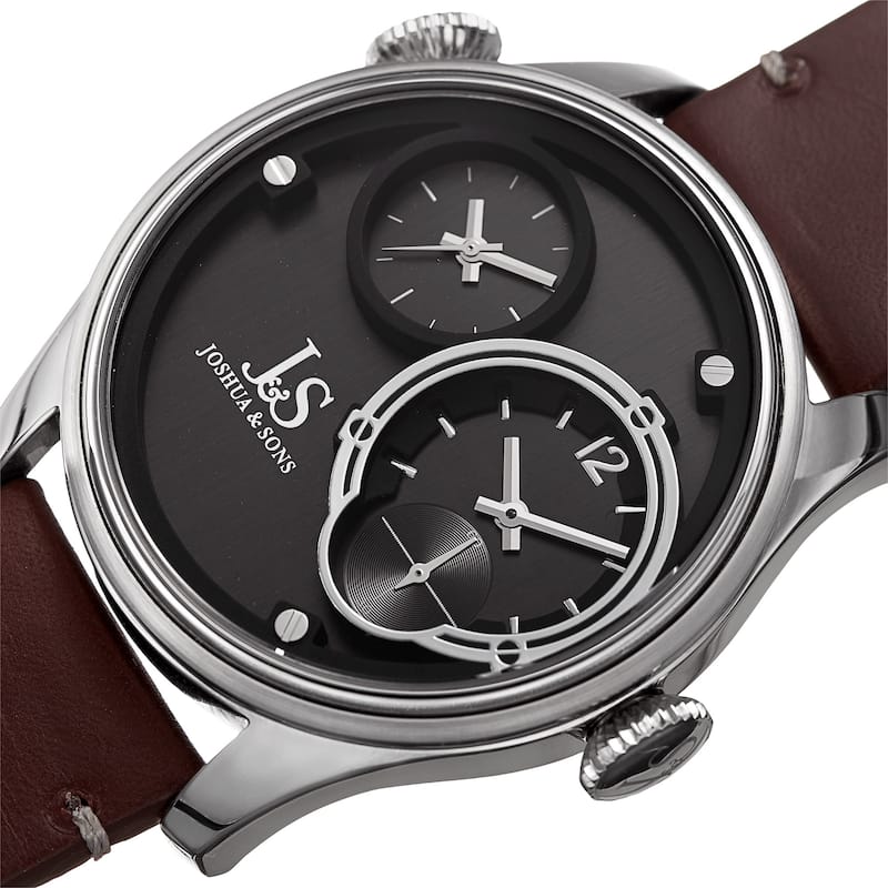 Joshua & Sons Men's Quartz Dual Time Stainless Steel Silver-Tone Leather Strap Watch