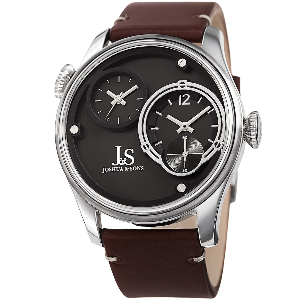 Joshua & Sons Men's Quartz Dual Time Stainless Steel Silver-Tone Leather Strap Watch