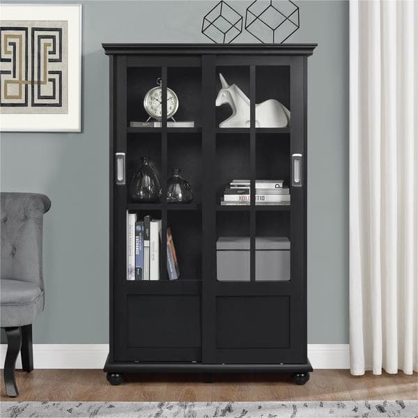 Ameriwood Home Aaron Lane Black Bookcase with Sliding Glass Doors - Bed ...