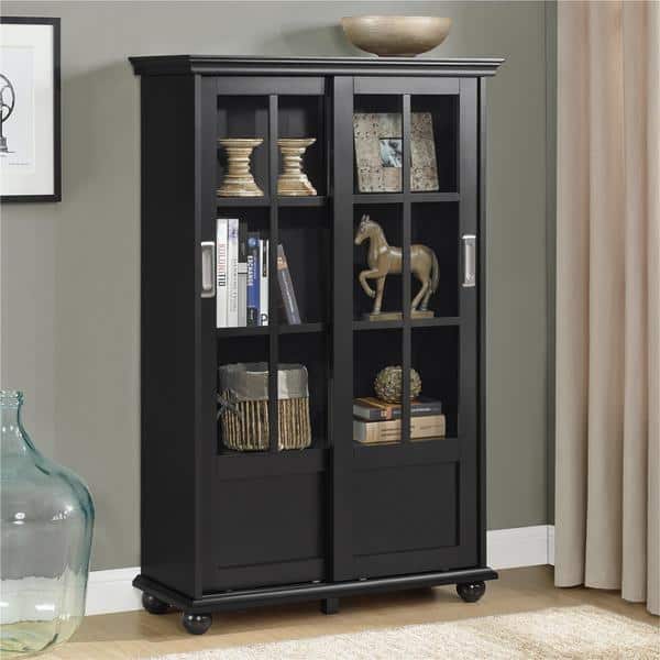 Shop Ameriwood Home Aaron Lane Black Bookcase With Sliding Glass