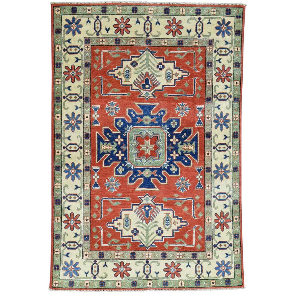 Hand-Knotted Wool Red Kazak Tribal Design Oriental Rug (4'1x6'1)