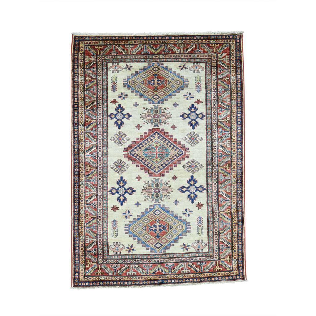 Hand-Knotted Ivory Super Kazak Tribal Design Oriental Rug (4'2x6')