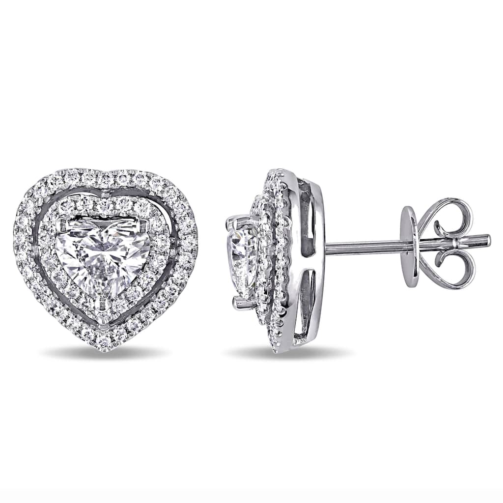 Miadora Signature Collection 14k White Gold 1 1/2ct TDW Center Heart Diamond Double Halo Stud Earrings
