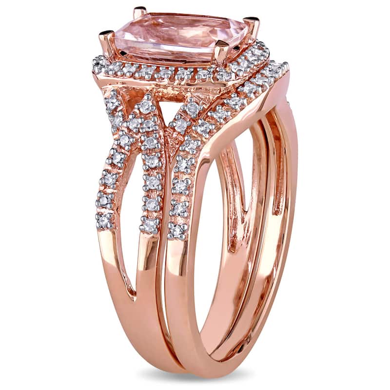 Halo Crossover Morganite 1/4ct TDW Diamond 10k Rose Gold Bridal Set by Miadora
