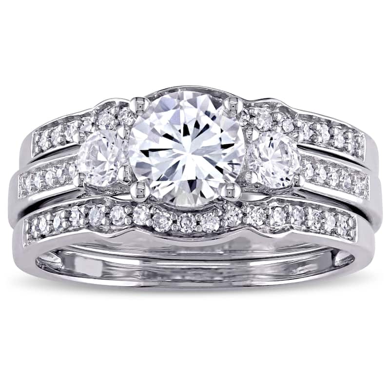 Miadora Signature Collection 10k White Gold Created White Sapphire and 1/4ct TDW Diamond Bridal Set