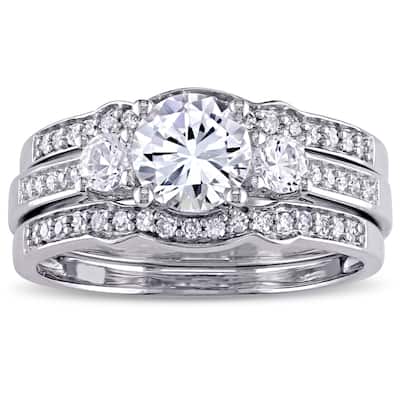 Miadora Signature Collection 10k White Gold Created White Sapphire and 1/4ct TDW Diamond Bridal Set