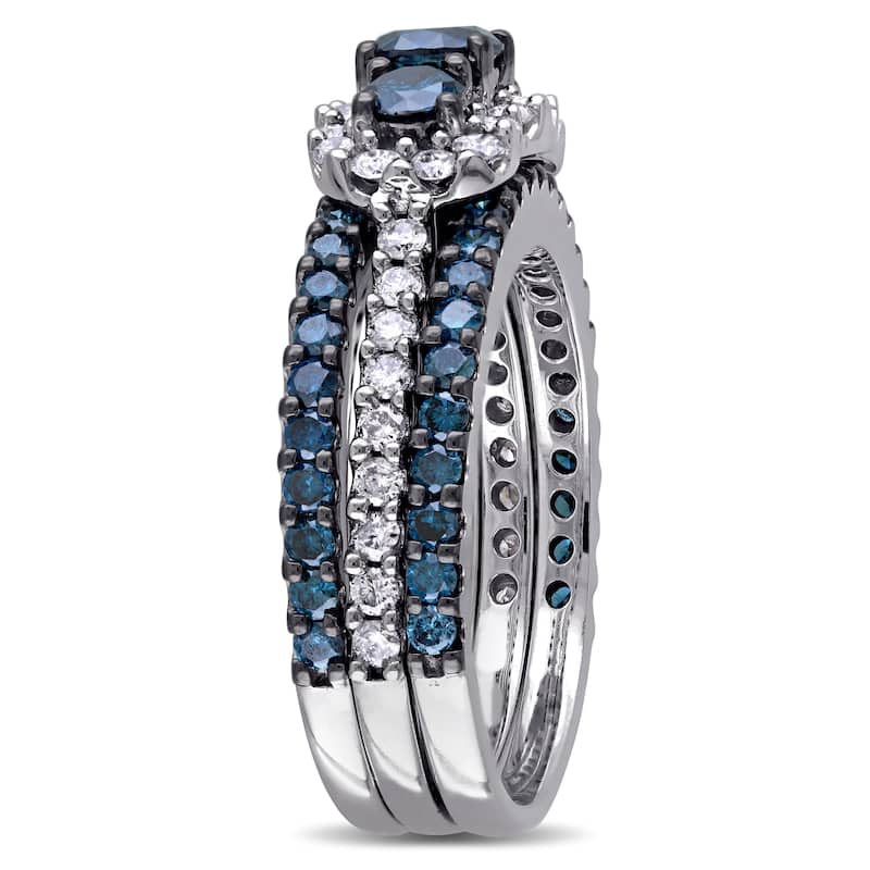 Miadora Signature Collection 10k White Gold 2ct TDW Blue and White Diamond 3-stone Bridal Ring Set