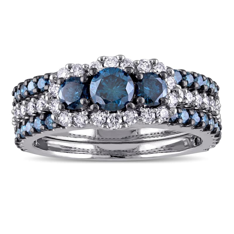 Miadora Signature Collection 10k White Gold 2ct TDW Blue and White Diamond 3-stone Bridal Ring Set - 4.5