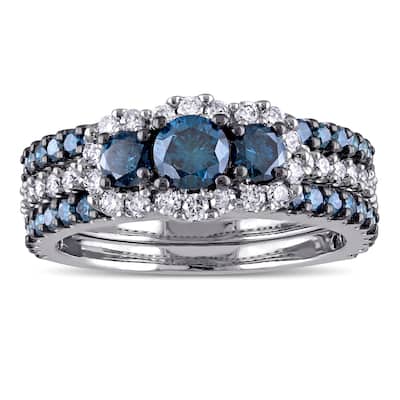 Miadora Signature Collection 10k White Gold 2ct TDW Blue and White Diamond 3-stone Bridal Ring Set