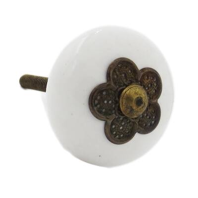 Myosotis White Ceramic Knob With Metal Flower Accent (Pack of 6)