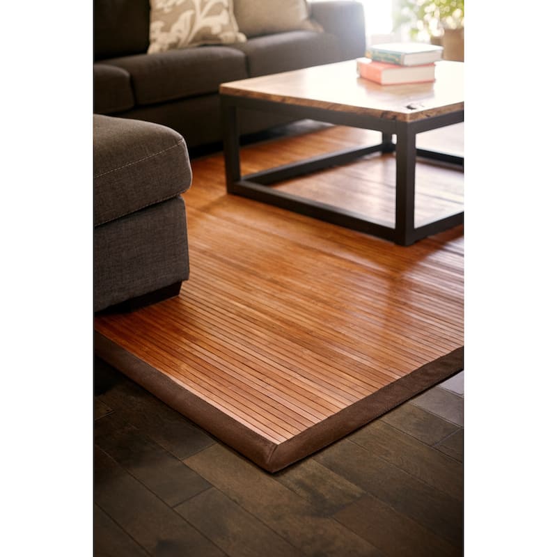 Jani Truffle Light Brown Bamboo Rug with Dark Brown Border - 7' x 10' Feet, Contemporary Chocolate Design