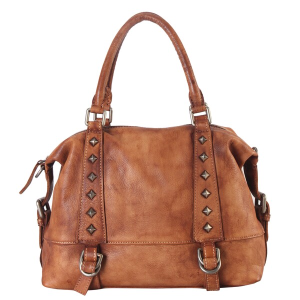 Shop Diophy Genuine Leather Medium Tote Accented with Studded & Buckle ...