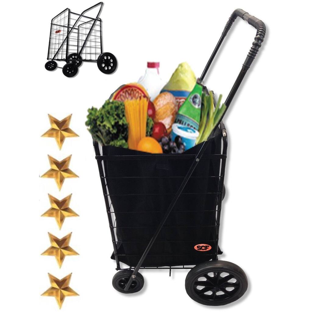 SCF Black Extra-large Heavy-duty Black Folding Utility Cart/Rolling Storage Shopping Carrier with Bonus Liner