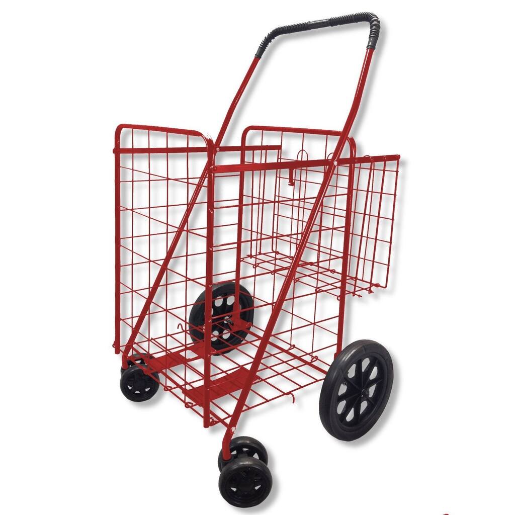SCF Red/Black Double Basket Folding Utility Cart Folds Up Rolling Storage Shopping Carrier