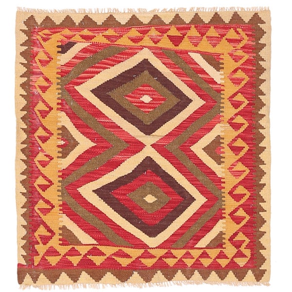 slide 2 of 3, Handmade One-of-a-Kind Wool Mimana Kilim (Afghanistan) - 3'1 x 3'5