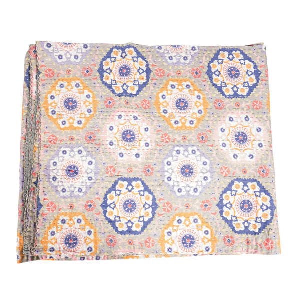 Vintage Kantha Indian Handmade Grey Floral Throw Bedspread (India)