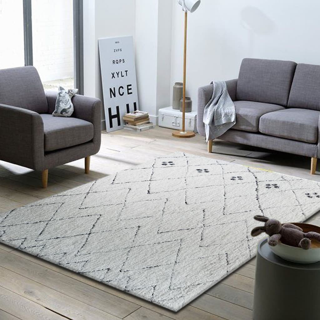 Morocco White/Silver/Blue Faux Wool Hand-tufted Shag Area Rug - 5' x 7'