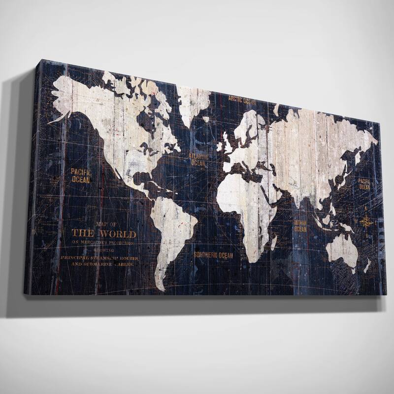 Hand Embellished Old World Map Blue Canvas Art