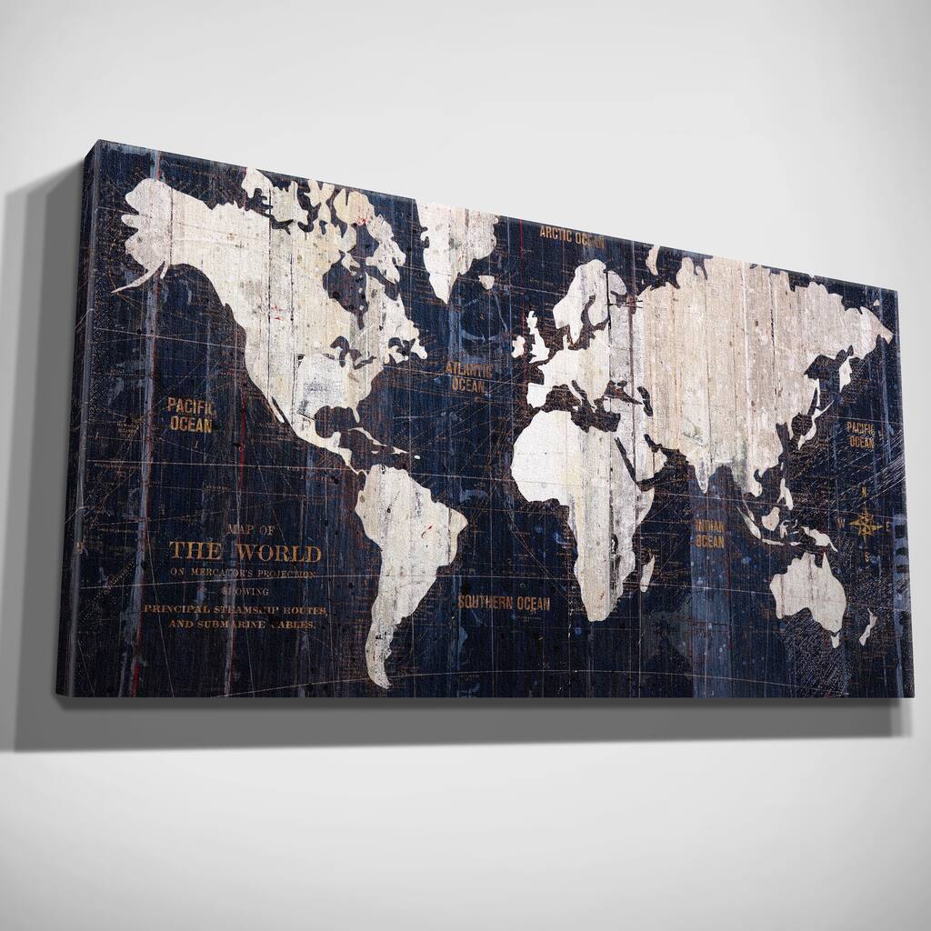 Hand Embellished Old World Map Blue Canvas Art