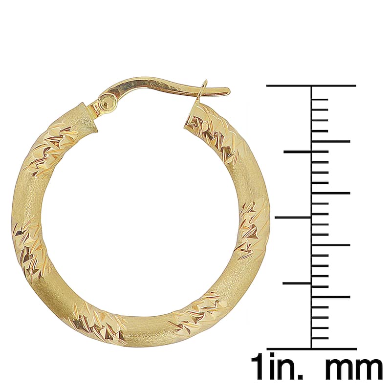 Fremada Italian 14k Yellow Gold 3x20-mm Diamond-cut and Satin Finish Round Hoop Earrings