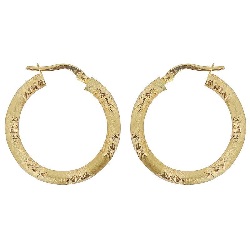 Fremada Italian 14k Yellow Gold 3x20-mm Diamond-cut and Satin Finish Round Hoop Earrings