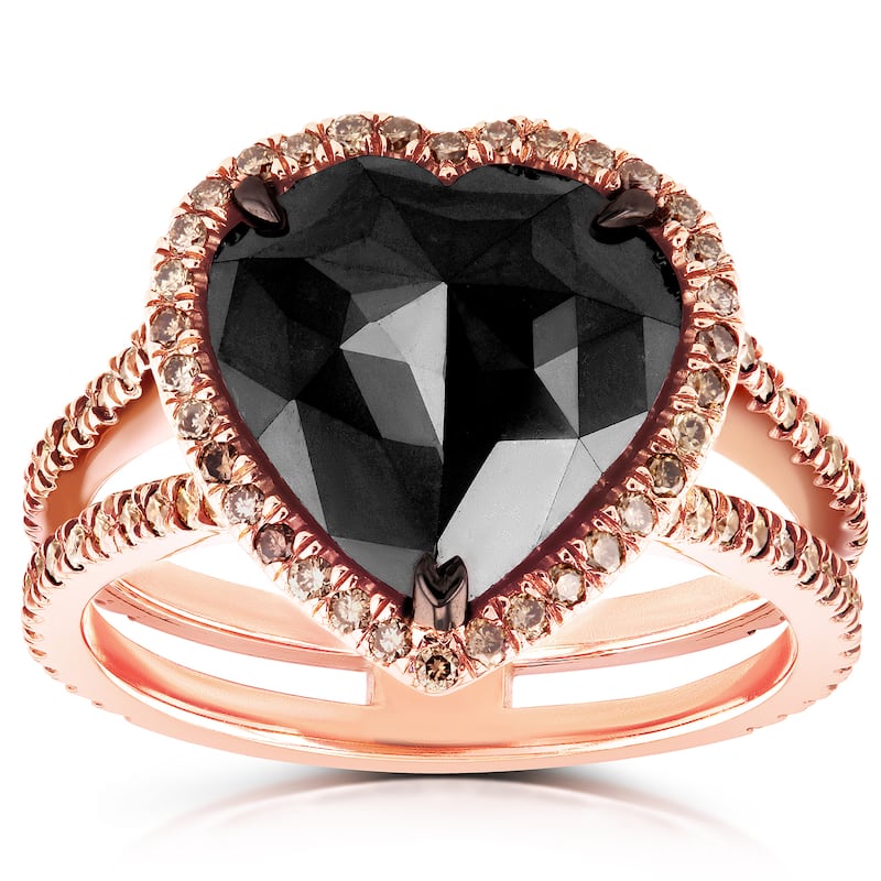 Kobelli 5 Carat Black & Champagne Diamond 18k Solid Rose Gold Heart Halo Double Shank One-of-a-Kind Ring - Size 7 Only