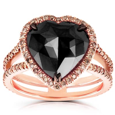 Kobelli 5 Carat Black & Champagne Diamond 18k Solid Rose Gold Heart Halo Double Shank One-of-a-Kind Ring - Size 7 Only