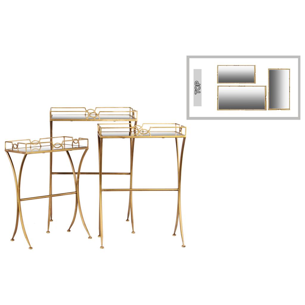 Metal Rectangular Nesting Accent Table with Mirror Top and Coated Gold Finished Curved Cross Legs Set of 3