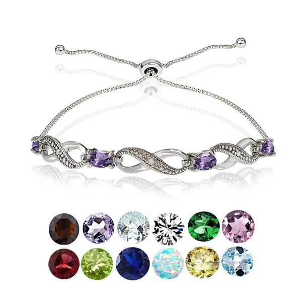 Glitzy Rocks Sterling Silver Diamond Accent and Gemstone Birthstone Adjustable Slider Bracelet. Opens flyout.