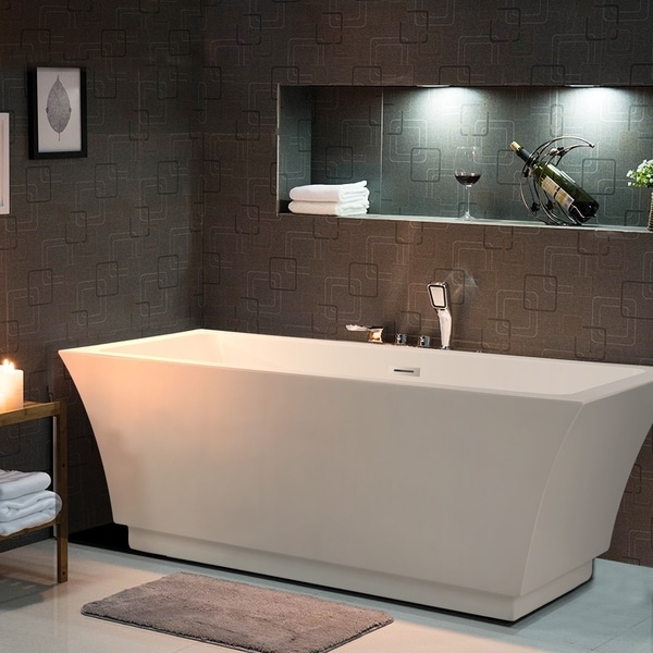 Vanity Art 66.5" Freestanding Acrylic Bathtub Modern Stand Alone Soaking Tub with Chrome Finish Slotted Overflow & Pop-up Drain